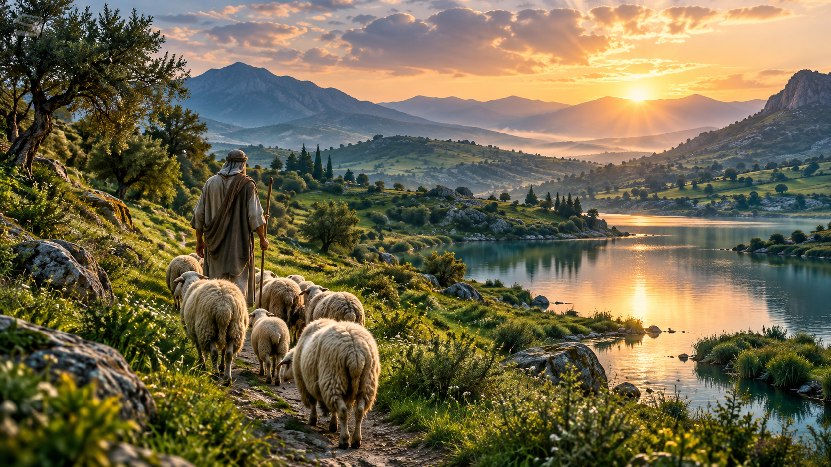 Păstorul cu turma lângă ape liniștite, imagine inspirată de Psalmul 23